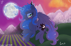 Size: 3500x2250 | Tagged: safe, artist:darkest-lunar-flower, imported from derpibooru, princess luna, alicorn, pony, blushing, chest fluff, commission, eyelashes, eyeshadow, female, flying, lidded eyes, magic, magic aura, makeup, mare, moon, mountain, solo, wings