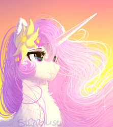 Size: 1024x1153 | Tagged: safe, artist:thenightdarksecret, imported from derpibooru, princess celestia, alicorn, pony, bust, female, flower, flower in hair, fluffy, pink-mane celestia, signature, solo, sunset