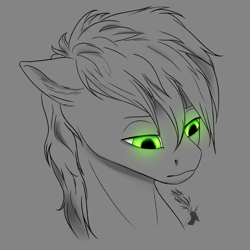 Size: 2500x2500 | Tagged: safe, artist:mymysteriouspony, imported from derpibooru, oc, oc only, oc:white night, pony, bust, glowing eyes, green eyes, head, looking down, male, monochrome, sketch, solo