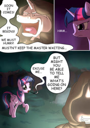 Size: 752x1062 | Tagged: safe, artist:richard-skip, imported from derpibooru, twilight sparkle, alicorn, pony, comic:curse and madness, cloak, clothes, cloths, comic, cultist, female, forest, hooded cape, mare, mlpcam, night, smiling, twilight sparkle (alicorn)