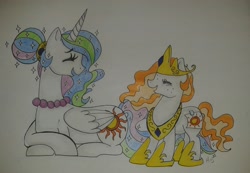 Size: 2003x1389 | Tagged: safe, artist:lmoustache, imported from derpibooru, princess celestia, oc, oc:misty apple, alicorn, earth pony, pony, accessory swap, alternate hairstyle, duo, female, filly, freckles, hair bun, jewelry, mare, momlestia, mother and daughter, necklace, offspring, parent:big macintosh, parent:princess celestia, parents:celestimac, pearl necklace, traditional art