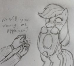 Size: 834x751 | Tagged: safe, artist:kabayo, imported from derpibooru, applejack, oc, oc:anon, earth pony, human, pony, blushing, cowboy hat, female, freckles, grayscale, happy, hat, mare, marriage proposal, monochrome, pencil drawing, ring, simple background, stetson, traditional art, white background
