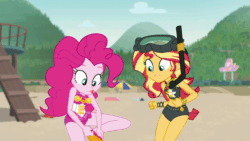 Size: 800x450 | Tagged: safe, imported from derpibooru, screencap, pinkie pie, sunset shimmer, equestria girls, equestria girls series, unsolved selfie mysteries, animated, beach shorts swimsuit, bracelet, clothes, female, gif, jewelry, sunset shimmer's beach shorts swimsuit, swimsuit, wristband