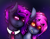 Size: 897x694 | Tagged: safe, artist:aaa-its-spook, imported from derpibooru, oc, oc only, oc:gloam, oc:spook, demon, demon pony, accessories, accessory, ear piercing, earring, fangs, female, glowing eyes, horns, jewelry, necktie, orange eyes, piercing, pink eyes, purple hair, simple background, sisters, smiling, smirk, stars