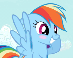 Size: 1218x964 | Tagged: safe, imported from derpibooru, screencap, rainbow dash, pegasus, pony, the mysterious mare do well, animated, blush sticker, blushing, cloud, cropped, cute, dashabetes, female, flying, gif, mare, sky, smiling, solo