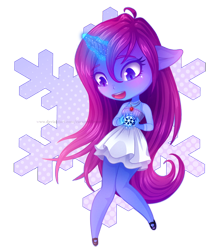 Size: 958x1102 | Tagged: safe, artist:caramelflower, imported from derpibooru, oc, oc only, anthro, unicorn, chibi, clothes, cute, dress, female, jewelry, magic, mary janes, necklace, shoes, simple background, skirt, snow, snowflake, transparent background