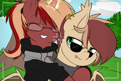 Size: 1800x1200 | Tagged: safe, artist:jadekettu, imported from derpibooru, oc, oc:breeze flare ignitus, oc:rosalina ignitus, bat pony, bandana, bat pony oc, brother and sister, camera shot, clothes, ear piercing, female, glasses, hug, jacket, male, piercing, ponytail, selfie, sunglasses