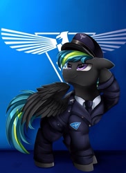 Size: 762x1048 | Tagged: safe, artist:pridark, imported from derpibooru, oc, oc only, oc:tornado turbulence, pegasus, pony, allied nations, allies, clothes, command and conquer, commission, male, red alert, salute, solo, stallion, uniform