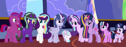 Size: 15297x5769 | Tagged: safe, artist:sapphirefeatherdust, imported from derpibooru, starlight glimmer, twilight sparkle, oc, oc:bubblegum surprise, oc:celestial star, oc:glimmering hope, oc:harmonia starling, oc:indigo dreamcatcher, oc:starbright gleam, oc:violet comet, alicorn, absurd resolution, adopted, alicornified, alternate hairstyle, base used, family, female, horn ring, lesbian, magical lesbian spawn, offspring, older, parent:starlight glimmer, parent:tempest shadow, parent:twilight sparkle, parents:twistarlight, race swap, rainbow power, shipping, starlicorn, twilight sparkle (alicorn), twistarlight, xk-class end-of-the-world scenario