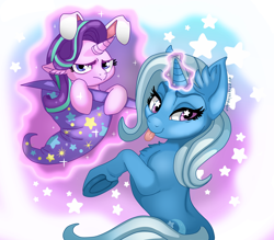 Size: 2400x2100 | Tagged: safe, artist:everlastingderp, imported from derpibooru, starlight glimmer, trixie, pony, unicorn, bunny ears, bunny out of the hat, clothes, cute, diatrixes, duo, female, glimmerbetes, glowing horn, hat, looking at you, magic, magic trick, mare, silly, silly pony, smiling, starlight glimmer is not amused, starlight is not amused, starry eyes, telekinesis, tongue out, trixie's hat, unamused, wingding eyes