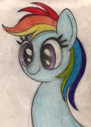 Size: 2085x2904 | Tagged: safe, artist:mfg637, imported from derpibooru, rainbow dash, pony, bust, female, portrait, simple background, smiling, solo, traditional art, white background