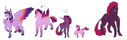 Size: 9368x3000 | Tagged: safe, artist:lu-le-ma, imported from derpibooru, tempest shadow, twilight sparkle, alicorn, classical unicorn, horse, pony, unicorn, my little pony: the movie, absurd resolution, cloven hooves, colored hooves, curved horn, family, female, hoers, leonine tail, lesbian, magical lesbian spawn, offspring, parent:tempest shadow, parent:twilight sparkle, parents:tempestlight, rainbow power, shipping, simple background, tempestlight, transparent background, twilight sparkle (alicorn), unshorn fetlocks