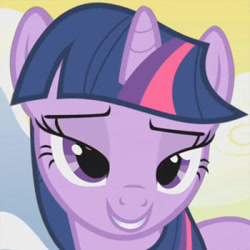 Size: 300x300 | Tagged: safe, imported from derpibooru, screencap, twilight sparkle, pony, unicorn, season 1, winter wrap up, cropped, female, grin, lidded eyes, mare, smiling, solo, unicorn twilight