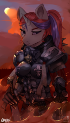 Size: 800x1400 | Tagged: safe, artist:varllai, imported from derpibooru, moondancer, anthro, unicorn, adepta sororitas, alternate hairstyle, armor, female, mare, power armor, power sword, purity seal, solo, sword, tattoo, warhammer (game), warhammer 40k, weapon