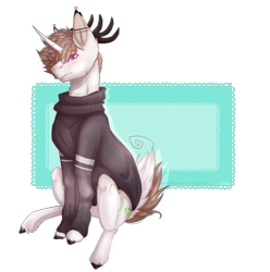 Size: 3668x3700 | Tagged: safe, artist:lastaimin, imported from derpibooru, oc, oc only, oc:zanie, pony, unicorn, clothes, deer tail, high res, male, simple background, sitting, solo, stallion, sweater, transparent background