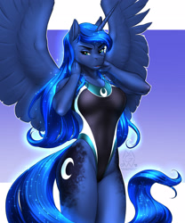 Size: 2375x2850 | Tagged: safe, artist:mykegreywolf, imported from derpibooru, princess luna, alicorn, anthro, blue lipstick, breasts, clothes, female, frown, gradient background, high-cut clothing, horn, lipstick, mare, one-piece swimsuit, open mouth, raised hand, reasonably sized breasts, solo, sports swimsuit, spread wings, stupid sexy princess luna, swimsuit, wings