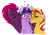 Size: 1280x896 | Tagged: safe, artist:cascayd, imported from derpibooru, fizzlepop berrytwist, sunset shimmer, tempest shadow, twilight sparkle, pony, unicorn, equestria girls, blushing, broken horn, cheek kiss, chest fluff, cute, exclamation point, eyes closed, female, heart, kiss on the cheek, kiss sandwich, kissing, lesbian, polyamory, shipping, simple background, sunsetsparkle, surprise kiss, tempestlight, tempestlightshimmer, twiabetes