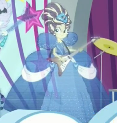 Size: 390x411 | Tagged: safe, alternate version, imported from derpibooru, screencap, sunset shimmer, equestria girls, equestria girls series, rollercoaster of friendship, alternate hairstyle, clothes, cropped, dress, gown, guitar, hologram, impossibly large dress, updo