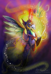 Size: 1024x1489 | Tagged: safe, artist:mad--munchkin, imported from derpibooru, daybreaker, alicorn, pony, female, flying, glowing horn, magic, mare, solo, watermark