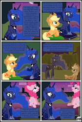 Size: 3254x4837 | Tagged: safe, artist:gutovi, imported from derpibooru, applejack, pinkie pie, princess luna, alicorn, earth pony, pony, comic:why me!?, bed, broken window, comic, cushion, flashback, mare in the moon, moon, sweet apple acres, tree