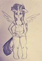 Size: 1486x2142 | Tagged: safe, artist:frootytoots, imported from derpibooru, twilight sparkle, alicorn, anthro, unguligrade anthro, belly button, clothes, ear piercing, female, floating wings, floppy ears, hand on hip, mare, monochrome, pencil drawing, piercing, shorts, sketch, solo, tanktop, traditional art, twilight sparkle (alicorn), unamused