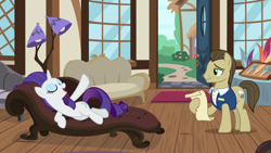 Size: 1280x720 | Tagged: safe, imported from derpibooru, screencap, davenport, rarity, earth pony, pony, unicorn, it isn't the mane thing about you, background pony, eyes closed, fainting couch, female, hoof hold, lamp, male, mare, quills and sofas, rarity being rarity, reclining, scroll, stallion