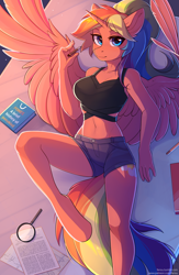 Size: 1752x2686 | Tagged: safe, artist:fensu-san, imported from derpibooru, oc, oc only, oc:spectrum dash, alicorn, anthro, unguligrade anthro, alicorn oc, angled leg, anthro oc, bed, book, breasts, clothes, digital art, explicit source, feather, female, lidded eyes, looking at you, lying, lying down, magnifying glass, mare, on back, paper, pen, ponytail, rainbow hair, sheet, shorts, smiling, solo, spread wings, table, wings