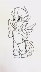 Size: 2268x4032 | Tagged: safe, artist:frootytoots, imported from derpibooru, scootaloo, anthro, unguligrade anthro, clenched fist, clothes, female, filly, monochrome