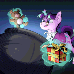 Size: 800x800 | Tagged: safe, artist:midnightpremiere, imported from derpibooru, snowfall frost, starlight glimmer, pony, unicorn, a hearth's warming tail, animated, cauldron, clothes, glowing horn, magic, male, rule 63, smiling, snowstorm rime, solo, stallion, stellar gleam, teddy bear, telekinesis