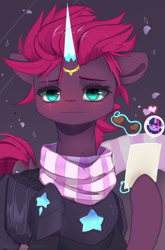 Size: 1021x1545 | Tagged: safe, artist:togeticisa, imported from derpibooru, fizzlepop berrytwist, tempest shadow, twilight sparkle, unicorn, armor, blushing, chocolate, clothes, eye scar, floating heart, food, heart, letter, looking at you, magic, photo, prosthetic horn, prosthetics, scar, scarf, telekinesis, tempest gets her horn back