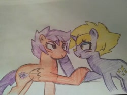 Size: 1040x780 | Tagged: safe, artist:dinkyloo, imported from derpibooru, dinky hooves, scootaloo, pegasus, pony, unicorn, bedroom eyes, blushing, dinkyloo, eyeshadow, female, hoof hold, hoof on cheek, lesbian, makeup, mare, older, shipping, traditional art