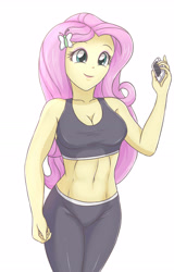 Size: 2078x3248 | Tagged: safe, artist:sumin6301, imported from derpibooru, fluttershy, equestria girls, belly button, big breasts, breasts, busty fluttershy, cellphone, cleavage, clothes, cute, female, midriff, pants, phone, shyabetes, simple background, solo, sports bra, sweatpants, white background