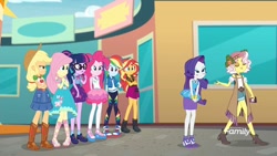 Size: 1280x720 | Tagged: safe, imported from derpibooru, screencap, applejack, fluttershy, pinkie pie, rainbow dash, rarity, sci-twi, sunset shimmer, twilight sparkle, vignette valencia, equestria girls, equestria girls series, rollercoaster of friendship, boots, clothes, converse, feet, female, gem, geode of empathy, geode of fauna, geode of shielding, geode of sugar bombs, geode of super speed, geode of super strength, geode of telekinesis, glasses, humane five, humane seven, humane six, jacket, magical geodes, ponytail, sandals, shoes, sneakers