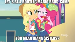 Size: 888x499 | Tagged: safe, edit, edited screencap, imported from derpibooru, screencap, applejack, pinkie pie, equestria girls, equestria girls series, rollercoaster of friendship, duo, giana sisters