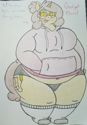 Size: 2800x4014 | Tagged: safe, artist:dorky-oreo-pone, imported from derpibooru, oc, oc only, oc:gadget flare, anthro, plantigrade anthro, anthro oc, belly, belly button, big belly, big breasts, blushing, breasts, clothes, dialogue, fat, female, glasses, hoodie, shorts, socks, solo, thunder thighs, traditional art, wide hips