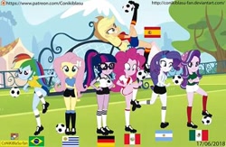 Size: 480x313 | Tagged: safe, artist:conikiblasu-fan, edit, imported from derpibooru, applejack, fluttershy, pinkie pie, rainbow dash, rarity, sci-twi, starlight glimmer, sunset shimmer, twilight sparkle, equestria girls, argentina, brazil, humane five, humane seven, humane six, mane six, national team, needs more jpeg, spain, uruguay