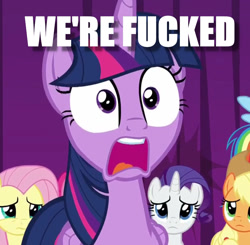 Size: 1054x1031 | Tagged: safe, edit, edited screencap, imported from derpibooru, screencap, applejack, fluttershy, rarity, twilight sparkle, twilight sparkle (alicorn), alicorn, horse play, cropped, image macro, meme, oh shit, reaction image, shocked, vulgar
