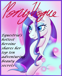 Size: 648x792 | Tagged: safe, artist:puddingskinmcgee, imported from derpibooru, rarity, pony, unicorn, alternate hairstyle, bedroom eyes, female, magazine cover, smiling, solo, text