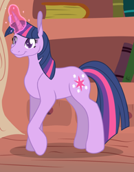Size: 1600x2048 | Tagged: safe, artist:akashasi, imported from derpibooru, twilight sparkle, pony, unicorn, book, female, glowing horn, golden oaks library, magic, mare, smiling, solo, unicorn twilight