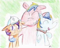Size: 1772x1417 | Tagged: safe, artist:ptitemouette, imported from derpibooru, oc, oc:apple tango, oc:big shield, oc:tarte aux pommes, pony, cousins, magical gay spawn, next generation, offspring, parent:apple bloom, parent:big macintosh, parent:braeburn, parent:shining armor, parent:soarin', parent:tender taps, parents:shiningmac, parents:soarburn, parents:tenderbloom