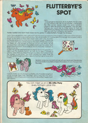 Size: 720x1000 | Tagged: safe, imported from derpibooru, confetti (g1), flutterbye, heart throb, seashell (g1), sparkler (g1), spike (g1), tootsie, butterfly, comic:my litle pony (g1), article, butterfly through the windows, character feature article, coat markings, facial markings, flutterbye's spot, g1, game, official, star (coat marking), text