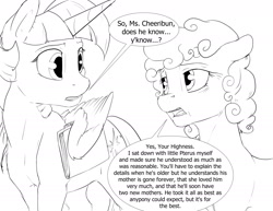 Size: 1980x1530 | Tagged: safe, artist:silfoe, imported from derpibooru, twilight sparkle, oc, oc:cheeribun, alicorn, earth pony, pony, royal sketchbook, black and white, description is relevant, dialogue, duo, female, grayscale, mare, monochrome, simple background, speech bubble, twilight sparkle (alicorn), white background, wing hold