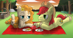 Size: 3724x1944 | Tagged: safe, artist:underwoodart, imported from derpibooru, bright mac, pear butter, pony, apple, basket, brightbutter, female, food, male, picnic, picnic basket, picnic blanket, prone, shipping, straight