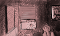 Size: 3080x1844 | Tagged: safe, artist:niggerdrawfag, imported from derpibooru, pony, apartment, bedroom, bored, couch, fan, monochrome, open mouth, sign, solo, venetian blinds, window