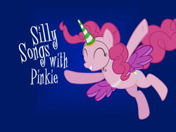 Size: 800x600 | Tagged: artist needed, safe, edit, imported from derpibooru, pinkie pie, earth pony, pony, ^^, alicorn party, eyes closed, female, mare, silly songs, silly songs with pinkie, solo, song in the comments, title card, veggietales