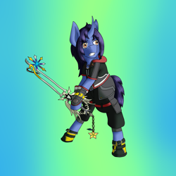 Size: 1600x1600 | Tagged: safe, artist:midnightfire1222, imported from derpibooru, oc, oc only, oc:dynamo pad, pony, unicorn, battle stance, crossover, determination, disney, kingdom hearts, oathkeeper, solo
