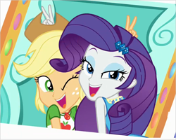 Size: 1162x928 | Tagged: safe, imported from derpibooru, screencap, applejack, rarity, equestria girls, equestria girls series, rollercoaster of friendship, bunny ears (gesture), duo, female, geode of super strength, shipping fuel
