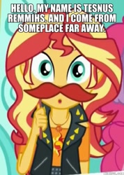 Size: 600x841 | Tagged: safe, edit, edited screencap, imported from derpibooru, screencap, pinkie pie, sunset shimmer, equestria girls, equestria girls series, rollercoaster of friendship, cropped, cute, fake moustache, geode of empathy, image macro, magical geodes, meme, memeful.com, photo booth (song), shimmerbetes, solo focus, the simpsons