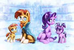 Size: 2000x1369 | Tagged: safe, artist:tsitra360, imported from derpibooru, starlight glimmer, sunburst, pony, unicorn, colt, colt sunburst, double the glimmer, double the sunburst, duality, duo, female, filly, filly starlight glimmer, foal, glasses, male, mare, pigtails, self ponidox, sitting, smiling, stallion, younger