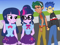 Size: 2400x1800 | Tagged: safe, artist:mashoart, imported from derpibooru, flash sentry, sci-twi, timber spruce, twilight sparkle, alicorn, equestria girls, equestria girls series, bisexual, blushing, breasts, busty twilight sparkle, clothes, distracted boyfriend meme, female, gay, geode of telekinesis, glasses, hips, holding hands, implied payback, infidelity, lesbian, magical geodes, male, miniskirt, pleated skirt, ponytail, self paradox, self ponidox, selfcest, shipping, skirt, smiling, teeth, thighs, timberflash, twilight sparkle (alicorn), twitwi, twolight
